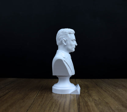 A white bust of a man is sitting on a wooden surface against a dark background.