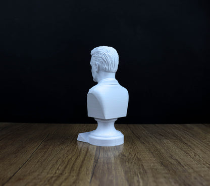 A white bust of a person is sitting on a wooden surface against a dark background.
