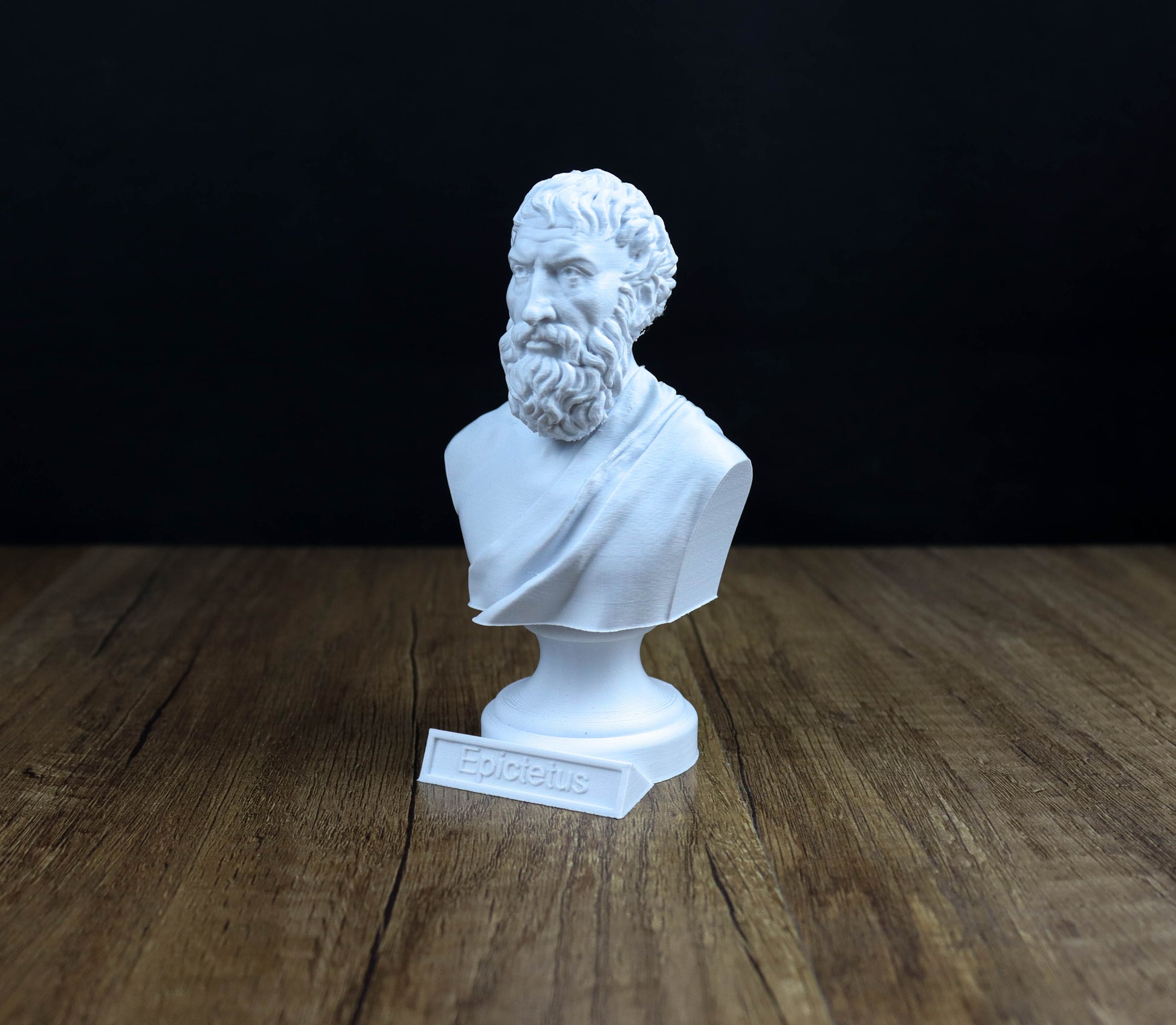 A white bust of a bearded man, likely depicting the Greek poet Homer, is displayed on a wooden surface against a black background.
