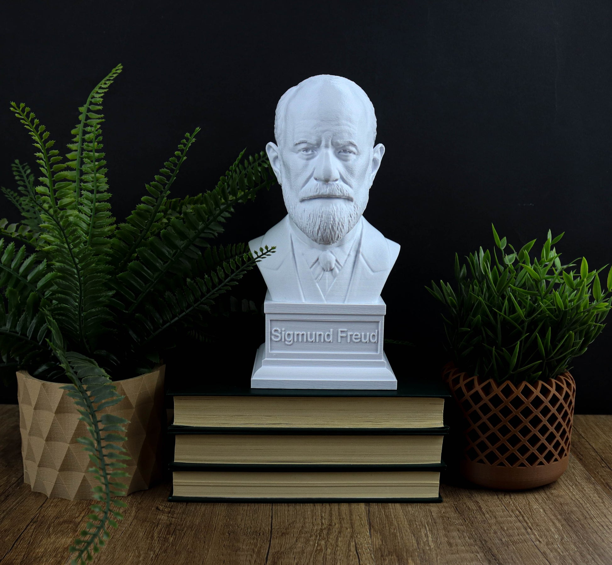 A bust of Sigmund Freud is displayed on a wooden surface, surrounded by potted plants and a stack of books.