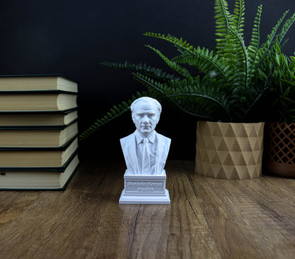 A white bust of a man is displayed on a wooden surface, surrounded by stacks of books and a potted plant.