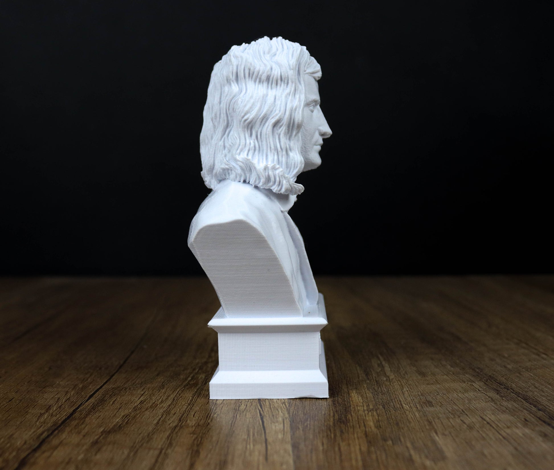 A white bust of a person with long hair is displayed on a wooden surface against a black background.