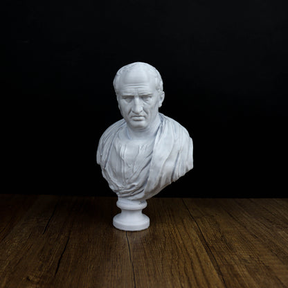 A white bust of a man is displayed on a wooden surface against a black background.