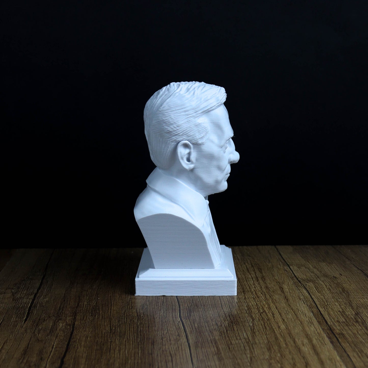 A white bust of a man's head is displayed on a wooden surface against a dark background.