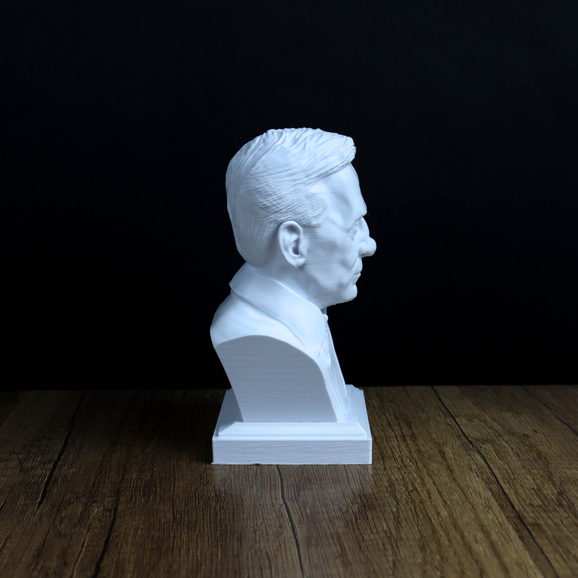 A white bust of a man's head is displayed on a wooden surface against a dark background.
