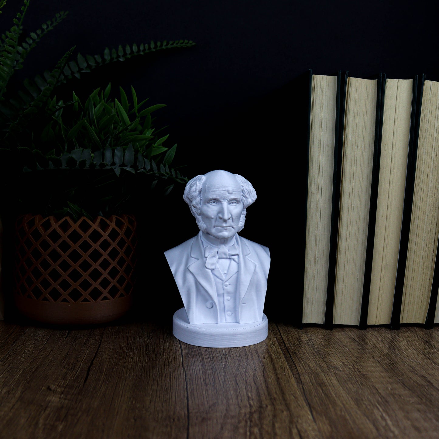 A white bust of a man is displayed on a wooden surface, surrounded by a potted plant and a stack of books.