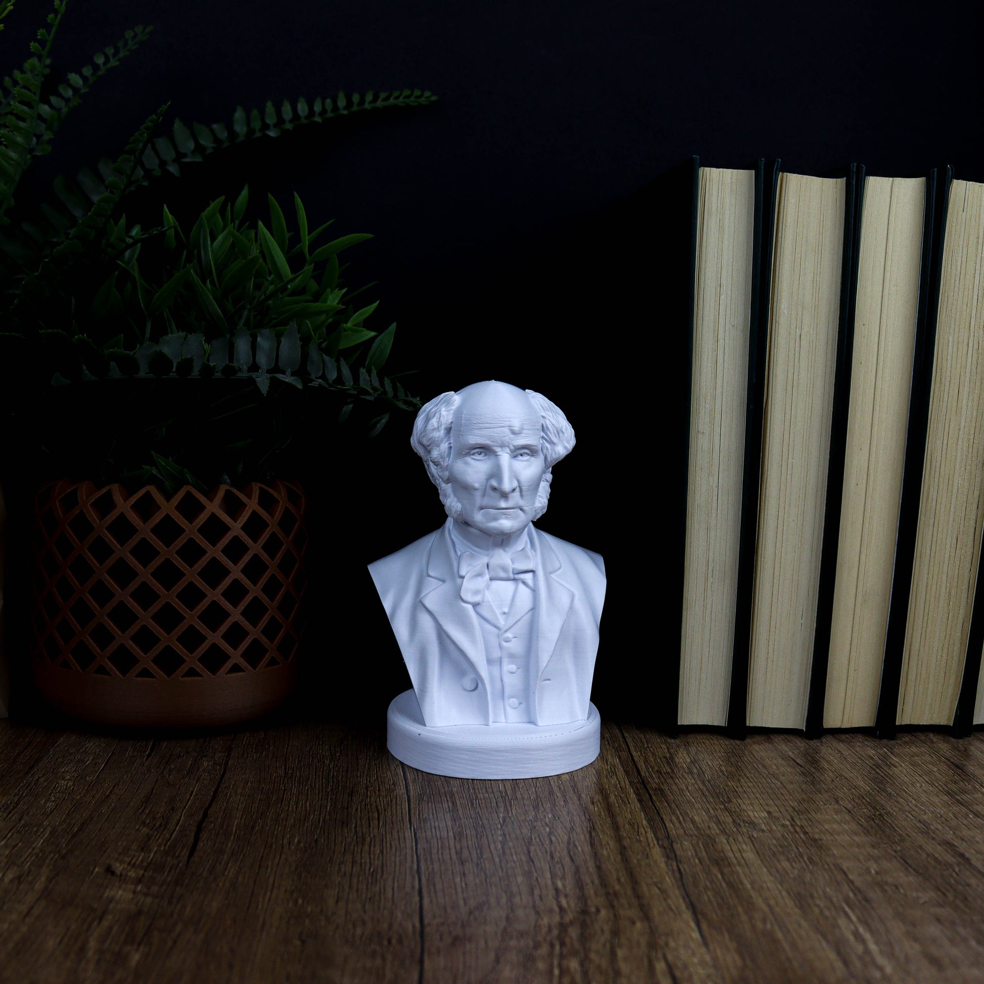 A white bust of a man is displayed on a wooden surface, surrounded by a potted plant and a stack of books.