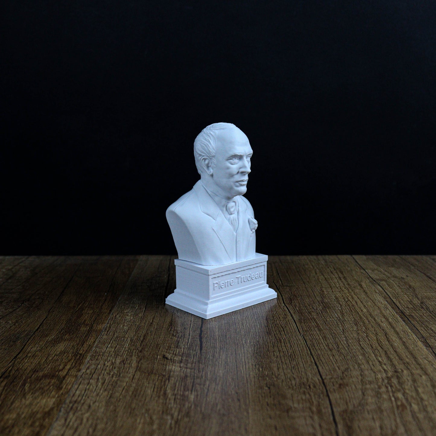 A white bust of a man is displayed on a wooden surface against a dark background.