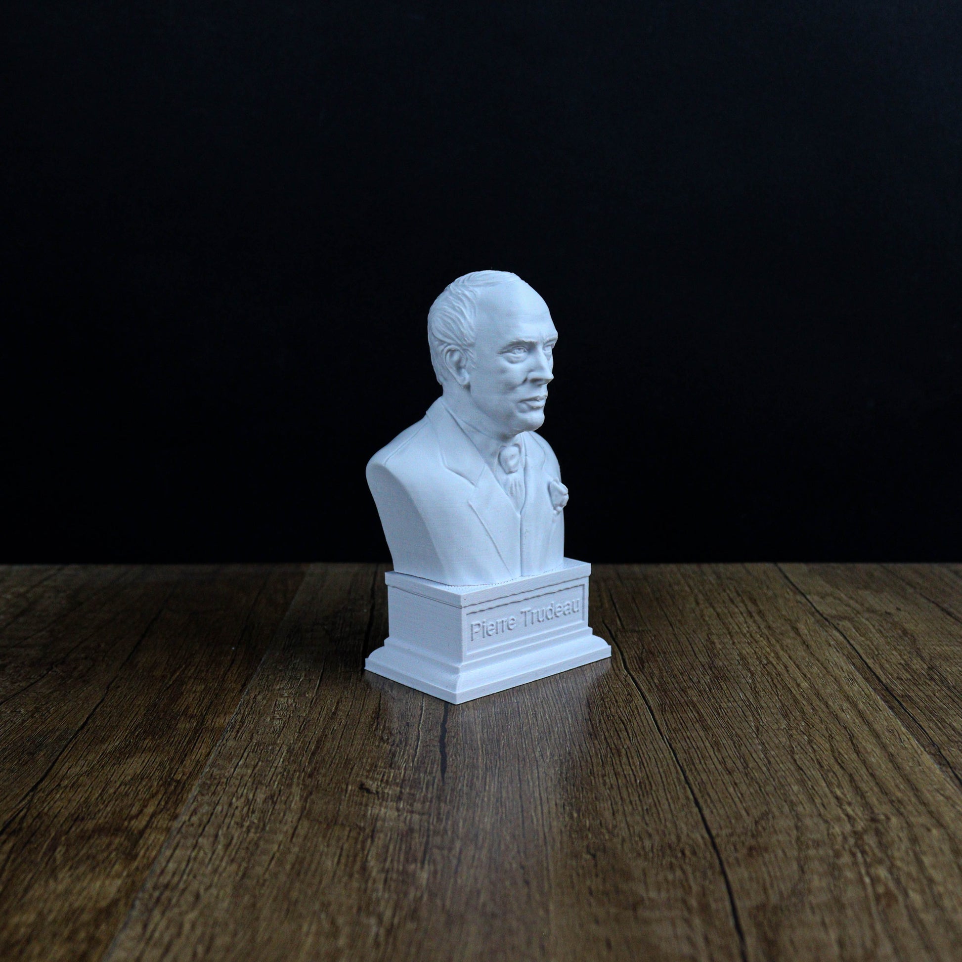 A white bust of a man is displayed on a wooden surface against a dark background.