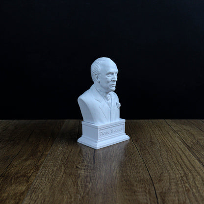 A white bust of a man is displayed on a wooden surface against a dark background.