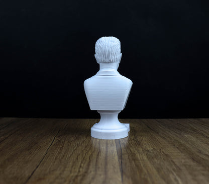 A white bust of a person is sitting on a wooden surface against a dark background.