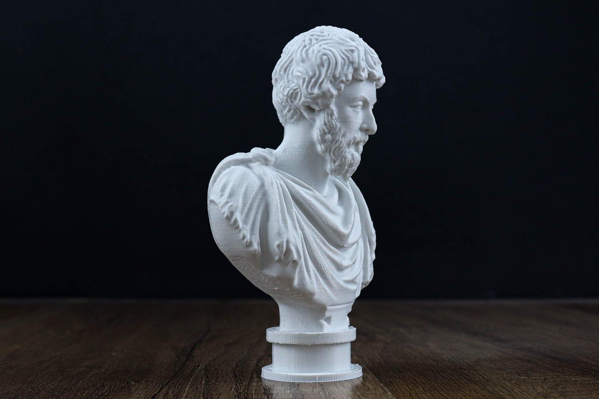 A white bust of a bearded man is displayed on a wooden surface against a dark background.